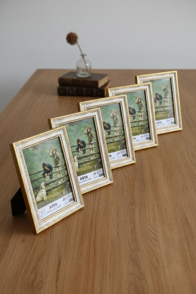 Asya Çerçeve Decorative Set of 5 Antique Patterned Gold 15X21 Plastic Photo F...