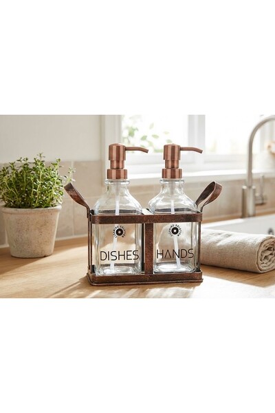 glashus Dekoratif 2'li Tezgah Üstü Sabunluk - Bakır Renk Standlı Cam Şişe Bul...