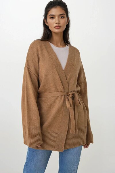 Trend Alaçatı Stili Women's Milk Coffee Belted Long Knit Cardigan Alc-X14900