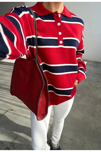 QUSTYLE Red Navy Blue Polo Neck Striped Knit Sweater