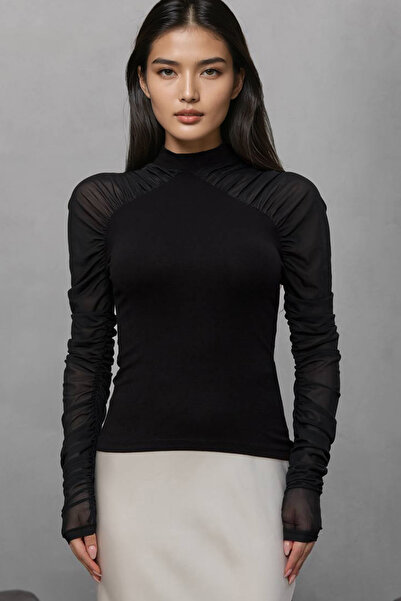 Trend Alaçatı Stili Women's Black Mock Neck Sleeves Tulle Detailed Ribbed Blo...