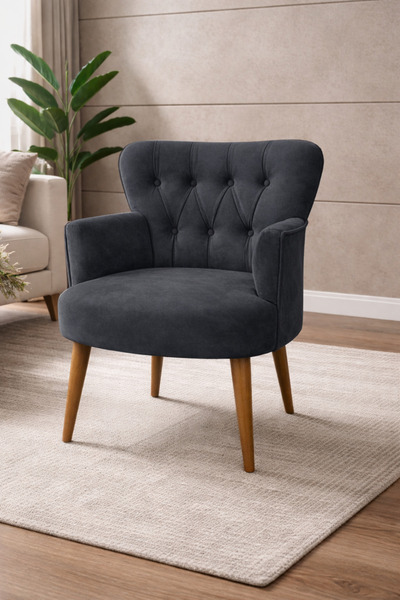 WATERYBROOK Modern Babyface Kumaş Berjer Koltuk – Ahşap Ceviz Ayaklı | ANTRASİT