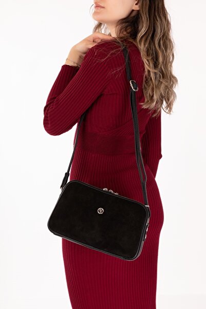 Gondol Women's Suede Leather Daily Crossbody Bag Gp.1321 Black Suede