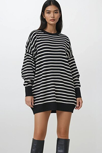 Trend Alaçatı Stili Women's Black Striped Crew Neck Striped Knit Mini Dress A...