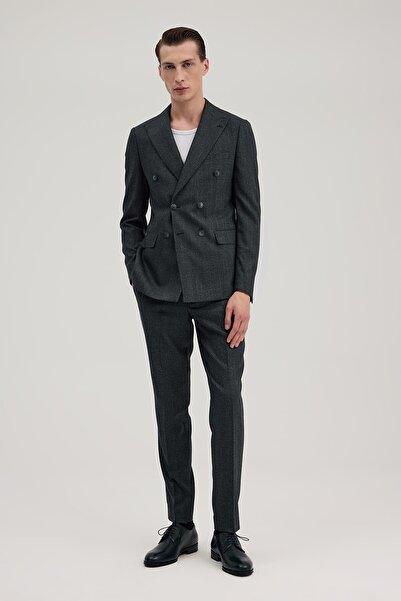 Jakamen Navy Blue Slim Fit Plaid Double-Breasted Piece Suit