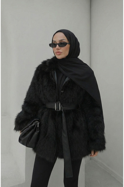 fera butik Siyah Deri Detaylı Kemerli Kürk Mont