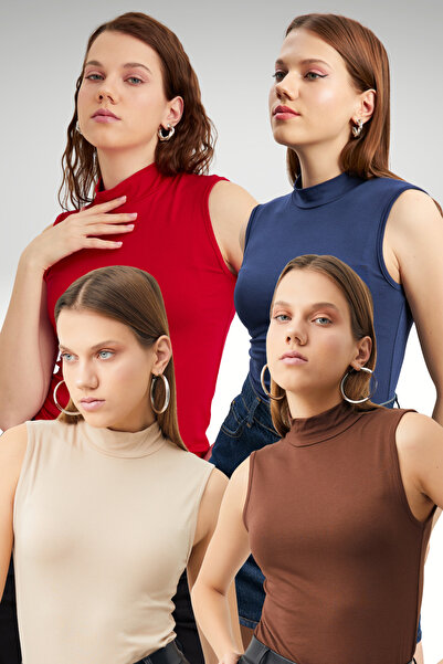 Ladima Women's Cream Bitter Brown Navy Blue Red 4-Piece Sleeveless Bodysuit