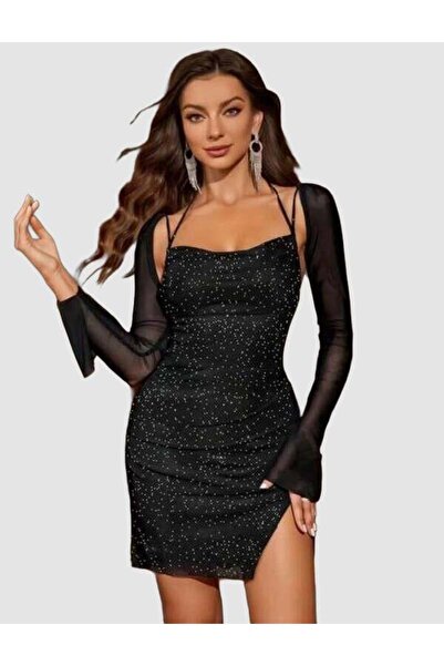 Aria's Closet Rochie mini club cu sclipici, cu detaliu negru cu fantezie