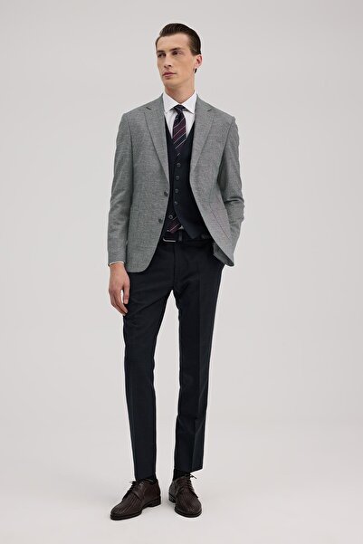 Jakamen Navy Blue Slim Fit Mono Collar Vest Set Linen Blend Suit