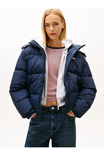 Tommy Hilfiger TJW Büyük Beden Kapüşonlu Bayraklı Şişme Kadın Mavi Mont DW0DW...