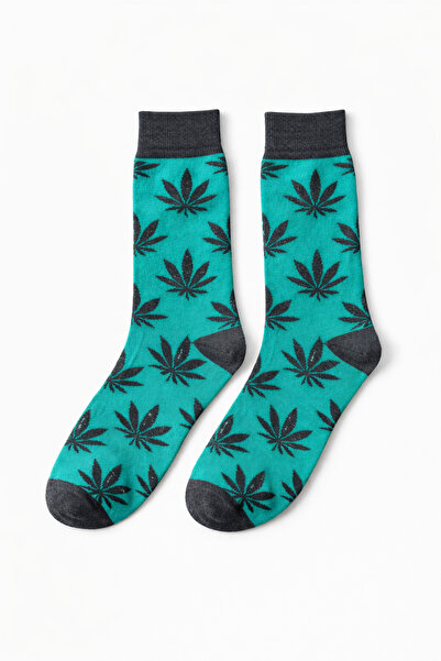 SOLDE SOCKS Men's Cotton Casual Socks – Leaf Pattern, Turquoise/Black, High Q...
