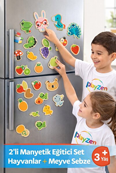PlayZen Manyetik Eğitici Oyuncak Seti – Hayvanlar ve Meyve Sebze | 2’li Set | 3+