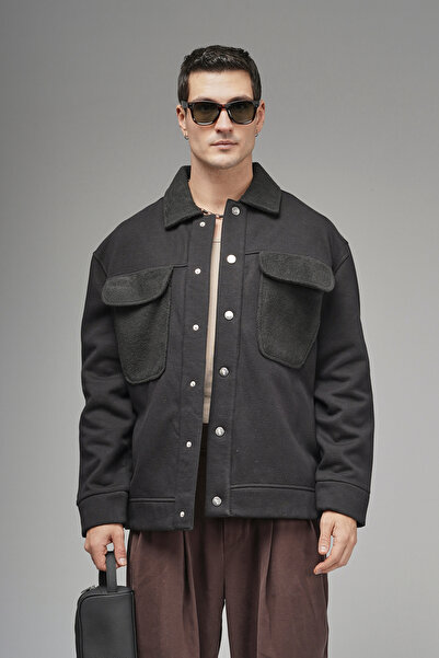 Butik Trend Biz Oversized Men's Double Pocket Jacket with Snap Fasteners