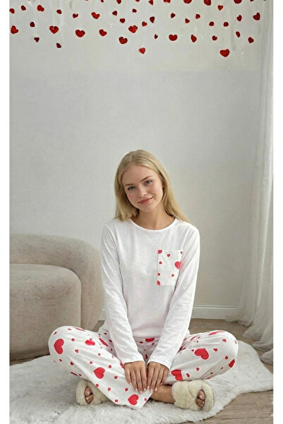 Buklemoda White Red Heart Patterned Women's Pajama Set