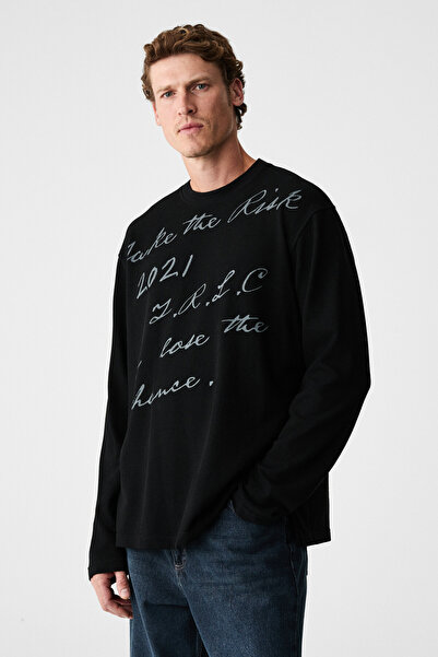 GRIMELANGE SCRIPTLET Erkek %100 Organik Pamuklu Baskılı Bisiklet Yakalı Overs...