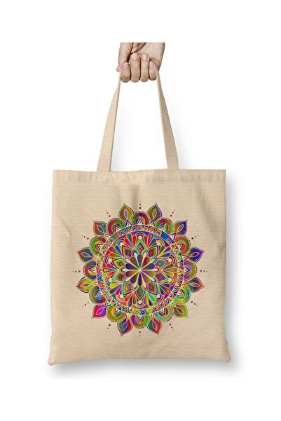 Toyaso حقيبة قماش بيضاء ملونة من ماندالا، حقيبة تسوق بمقبض طويل، حقيبة شاطئ