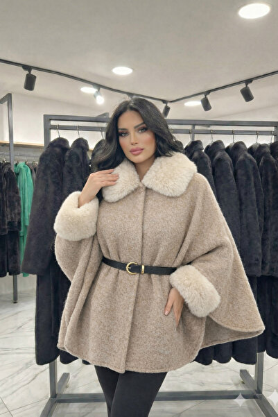 ribana Women's Belted Collar and Sleeves Fur-Trimmed Boucle Cashmere Poncho B...