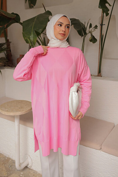 İmajButik Pink Crew Neck Cold Thread Knitwear Tunic