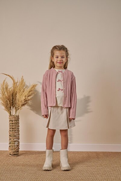 Magu Girl's Cotton Ecru Pink Bow Detailed Cardigan Skirt Set - 3 Pieces