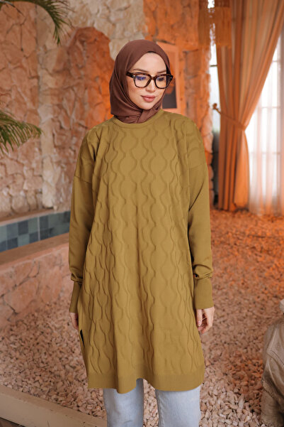 İmajButik Oil Green Cold Thread Mercerized Knitwear Tunic