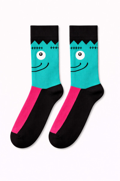 SOLDE SOCKS Men's Cotton Casual Socks – Monster Figure Pattern, Turquoise/Bla...