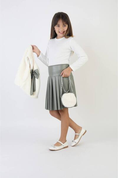 Erzani Kids Girl's Pleated Leather Skirt with Bow Plush/Fur Vest Set Stylish ...