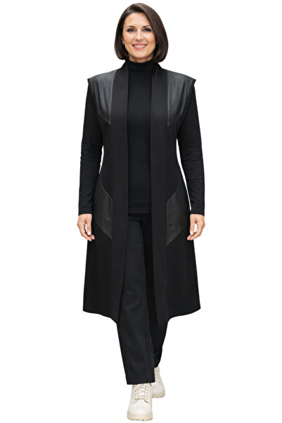 Nergis Kadın Siyah Uzun Yelek Hırka Deri Detaylı Kolsuz Şık Rahat Model