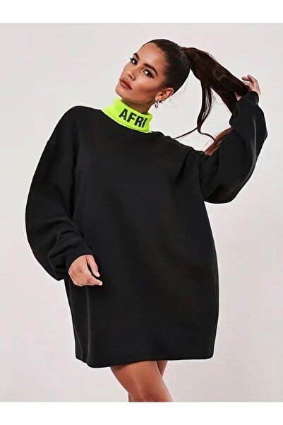 Afri Black Neon Green Collar Detailed Oversized Turtleneck Women's Sweatshirt...