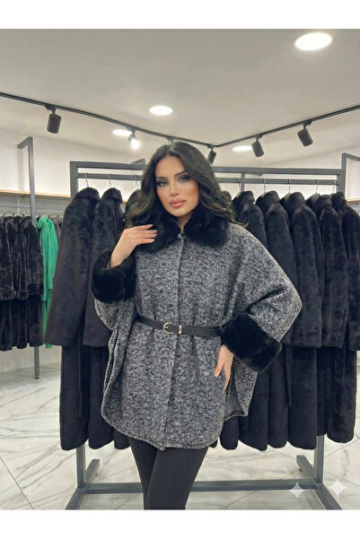 ribana Women's Belted Collar and Sleeves Fur-Trimmed Boucle Cashmere Poncho B...