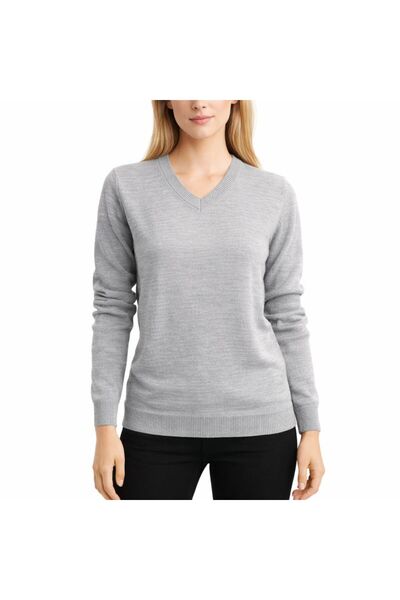 AJX TEKSTİL COMPANY سترة نسائية أساسية ذات ياقة على شكل حرف V باللون الرمادي ...
