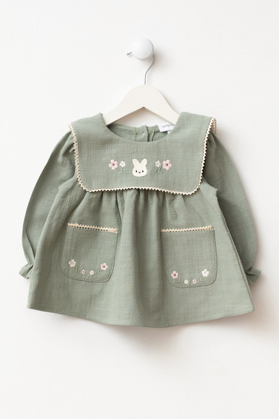Minipodyum Peter Pan collar Holiday Linen Baby Girl Dress with Embroidery Det...