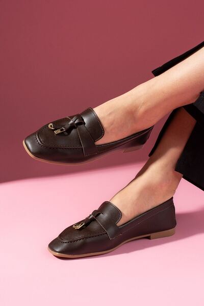 FUGA MODA Viona Brown Leather Loafer Ballet Flats with Mini Bow Accessory