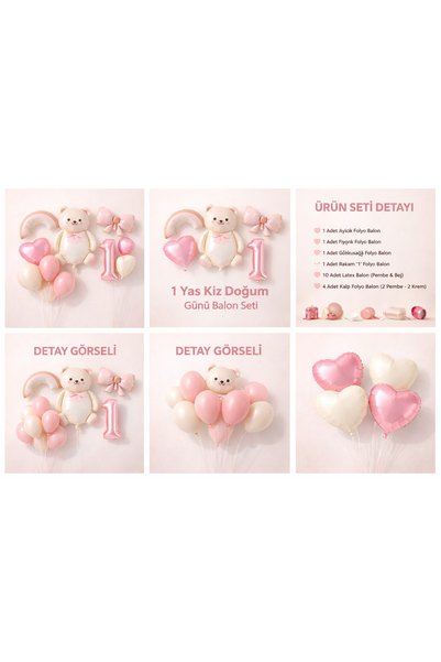 eğlencemarketi 1 Yaş Kız Doğum Günü Balon Seti – Ayıcık, Kalp, Gökkuşağı, Pembe Bej Konsept