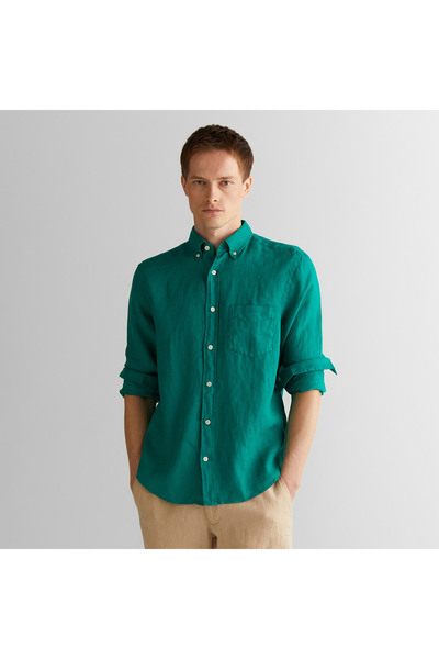 Gant Erkek Yeşil Regular Fit Düğmeli Yaka Keten Gömlek