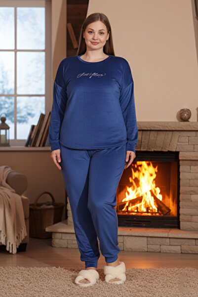 REMSA Women's Battal Velvet Printed Pajama Set 25394 Indigo