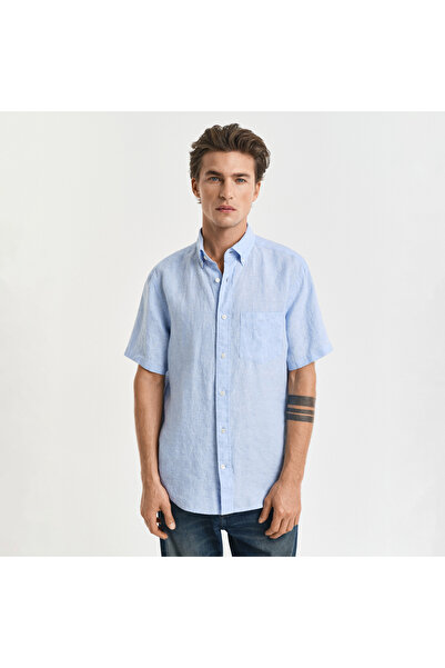 Gant Erkek Mavi Regular Fit Düğmeli Yaka Keten Gömlek