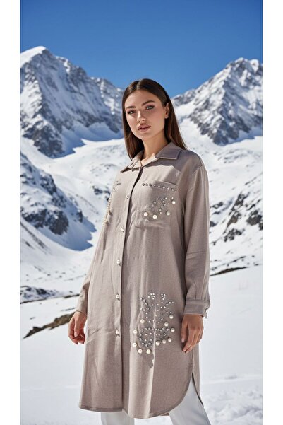 Gönülden Tasarım Zircon Stone Beadwork Cotton Women's Shirt Tunic