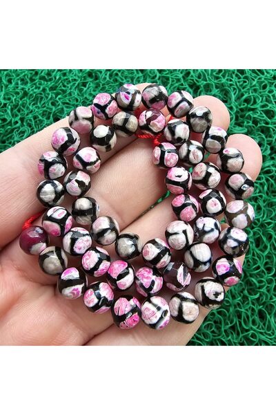 TAŞ UZMANI حجر العقيق التبتي الوردي الأسود 8 ملم