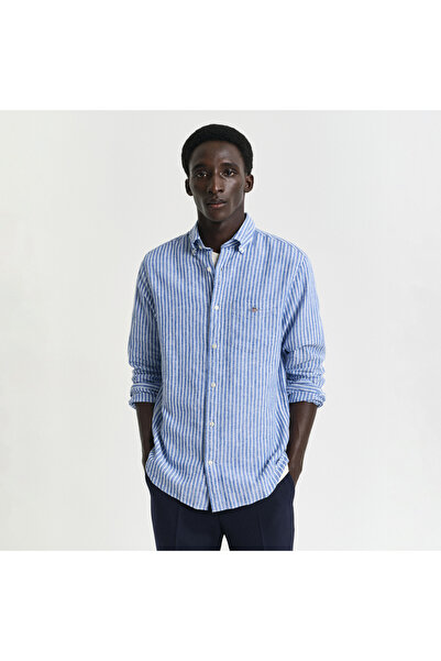 Gant Erkek Lacivert Regular Fit Düğmeli Yaka Çizgili Keten Gömlek