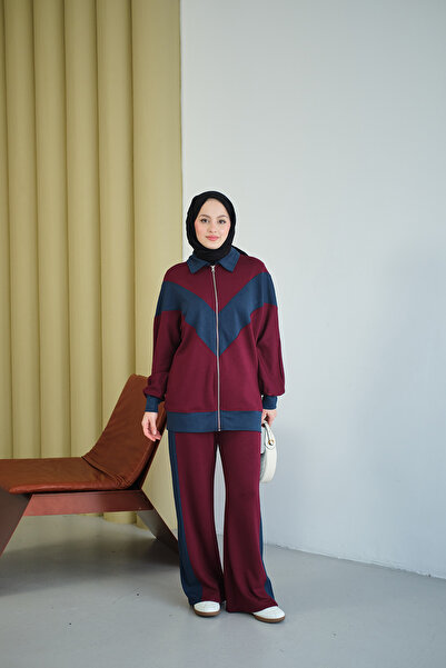 LOCCO Women's Double Color Detail Two-Piece Suit Burgundy