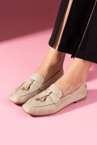 FUGA MODA Viona Beige Suede Loafer Ballet Flats with Mini Bow Accessory