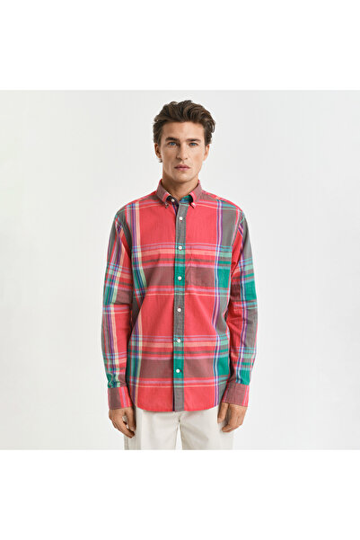 Gant Erkek Kırmızı Regular Fit Düğmeli Yaka Kareli Gömlek