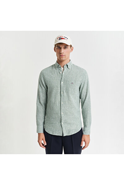 Gant Erkek Yeşil Regular Fit Düğmeli Yaka Çizgili Keten Gömlek