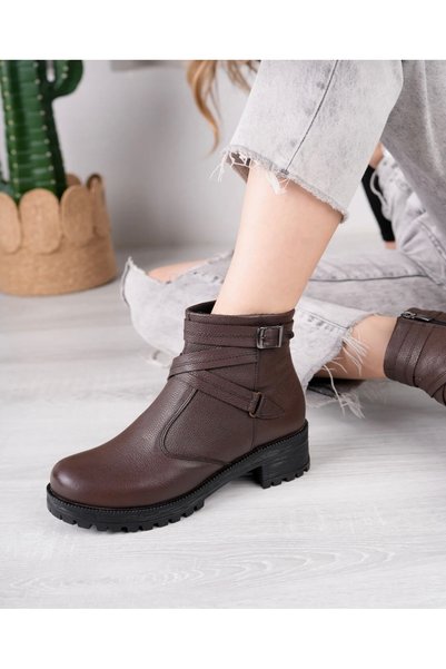 Deri Expres Genuine Leather Casual Women's Brown Leather Boots