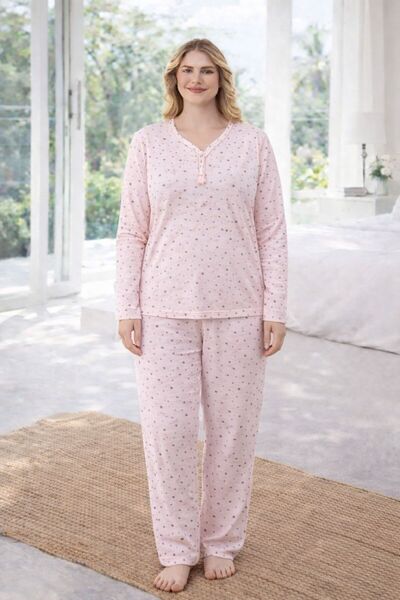 GAMDELLE MODA طقم بيجامة نسائية قطنية كبيرة الحجم بأكمام طويلة