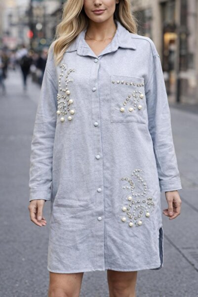 Gönülden Tasarım Zircon Stone Beadwork Cotton Women's Shirt Tunic