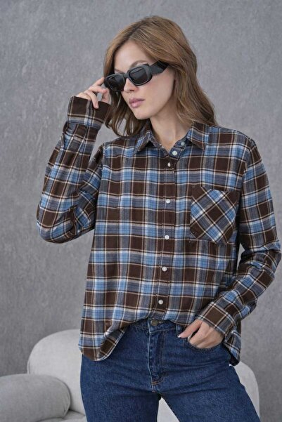 perla wear Kadın Tek Cep Detaylı Ekose Gömlek