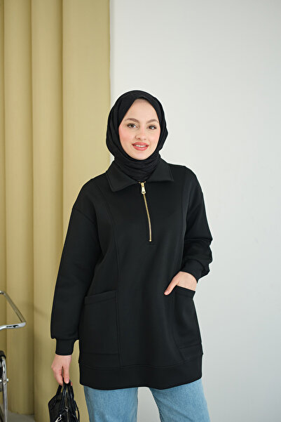 LOCCO Women's Pocket and Collar Detail Half Zipper Sweat Black