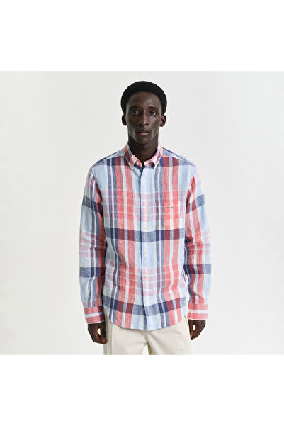 Gant Erkek Kırmızı Regular Fit Düğmeli Yaka Kareli Keten Gömlek