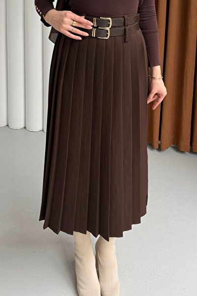 Modaensarbutik Çift Kemer Detaylı Piliseli Etek-KAHVERENGİ